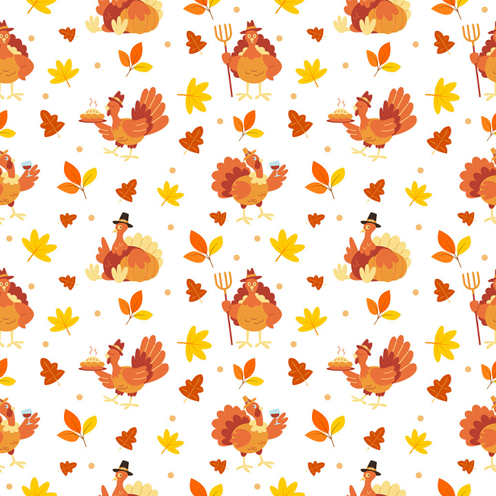 Pattern Featuring Festive Thanksgiving Turkeys and Autumn Leaves seamless PBR texture preview