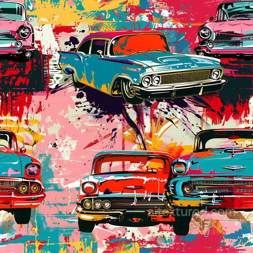Seamless 3D PBR Texture Featuring Retro Cars Graffiti with Vibrant Paint Splatters texture preview