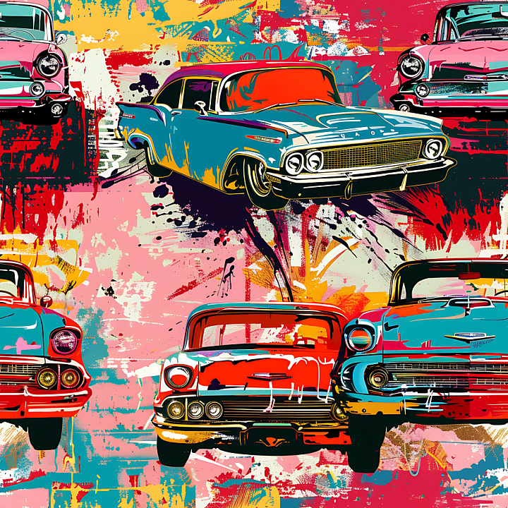 Featuring Retro Cars Graffiti with Vibrant Paint Splatters seamless PBR texture preview