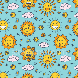 seamless Seamless 3D PBR Texture of Playful Cartoon Sun and Cloud Pattern on Sky Blue texture 8k free download PBR