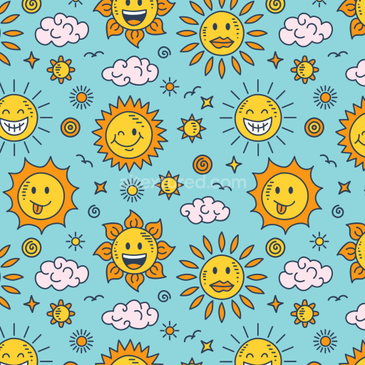 Seamless 3D PBR Texture of Playful Cartoon Sun and Cloud Pattern on Sky Blue