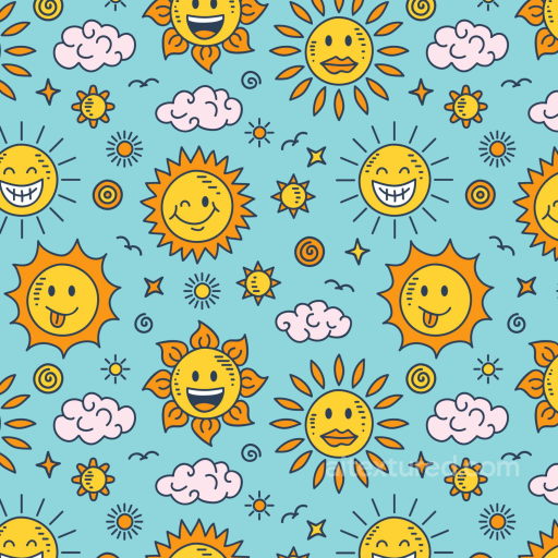 Happy Face Pattern Texture of Playful Cartoon Sun and Cloud Pattern on Sky Blue seamless Happy Face pattern PBR texture