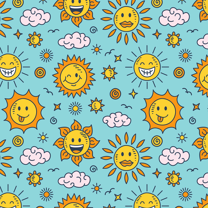 Happy Face Pattern of Playful Cartoon Sun and Cloud Pattern on Sky Blue seamless PBR texture preview