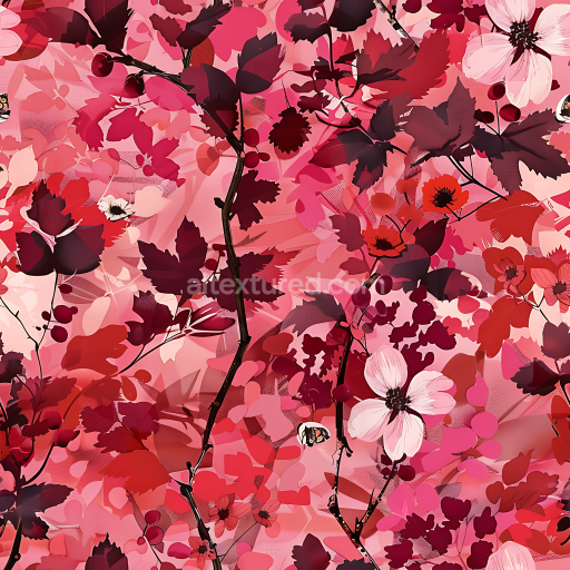 Preview — Seamless 3D floral camouflage PBR texture with red and pink foliage and delicate flowers