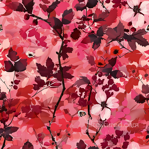 floral camouflage PBR texture with red and pink foliage and delicate flowers seamless Color Camouflage PBR texture