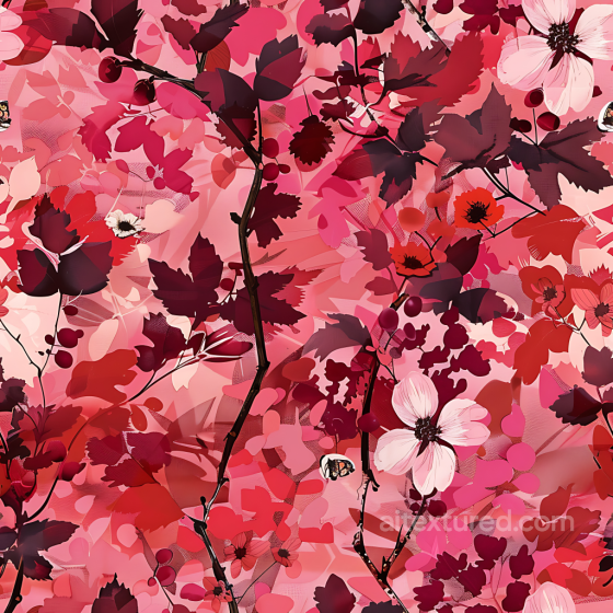 floral camouflage PBR texture with red and pink foliage and delicate flowers Color Camouflage texture preview