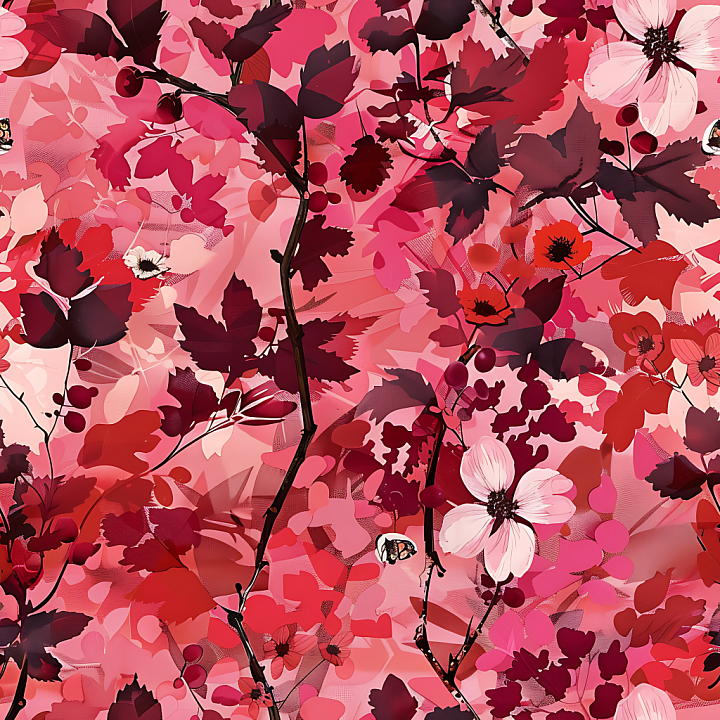 Floral Camouflage With Red And Pink Foliage And Delicate Flowers seamless PBR texture preview