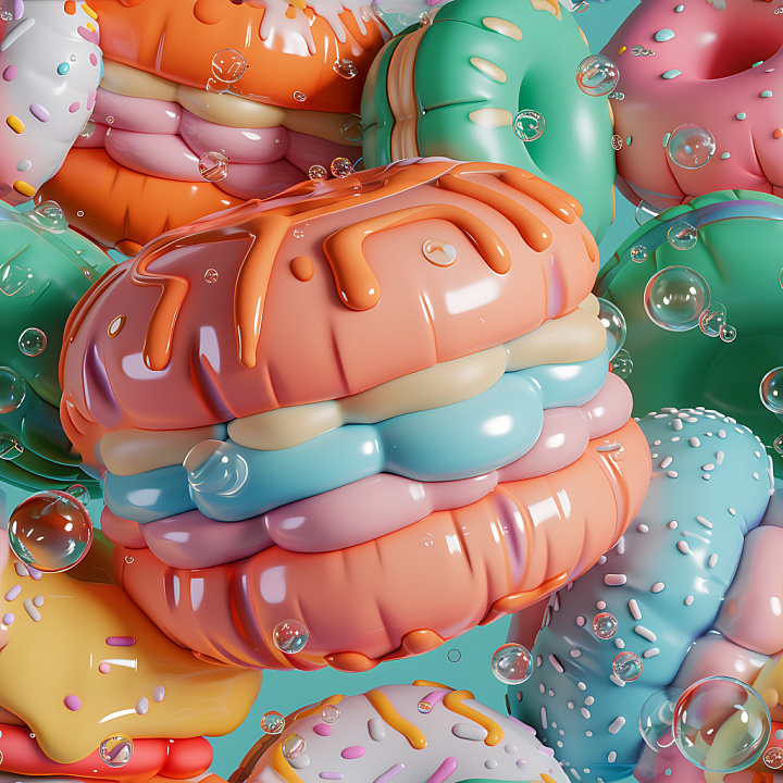 Inflated Plush Donut in Pastel Colors with Glossy Icing seamless PBR texture preview