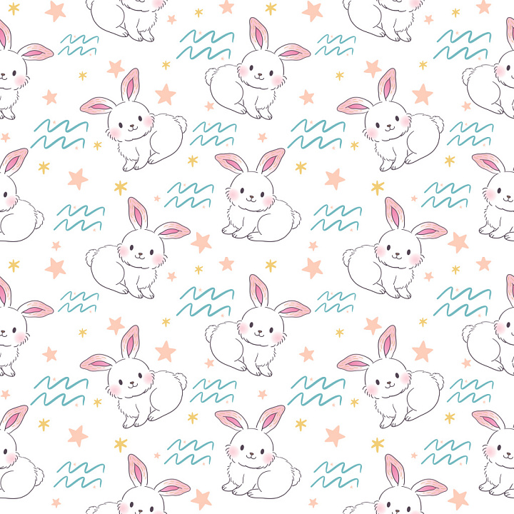 Pattern Featuring Cute Hand-drawn White Bunnies with Pastel Stars and S… seamless PBR texture preview