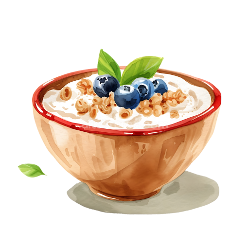 Breakfast Wheat Bran Cereal Bowl with Blueberries and Green Leaves Illustration
