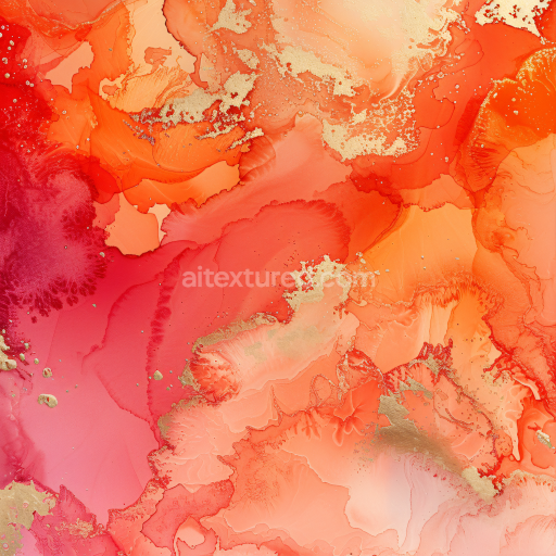 Seamless 3D Alcohol Ink PBR Texture Featuring Vibrant Red-Orange Fluid Swirls with Gold Accents