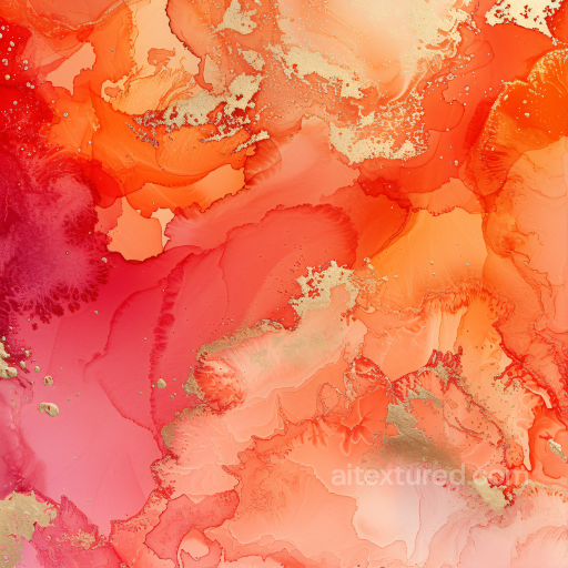 Alcohol Ink PBR Texture Featuring Vibrant Red-Orange Fluid Swirls with Gold Accents seamless Alcohol ink PBR texture