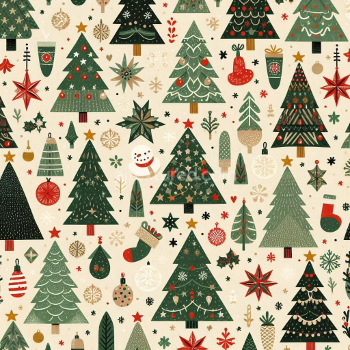 Seamless 3D PBR Texture: Hand-Painted Christmas Trees & Ornaments