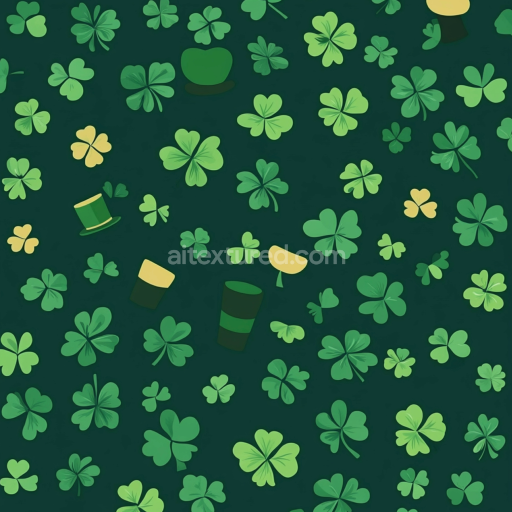 Seamless 3D PBR texture of green shamrock fabric with St Patrick motifs