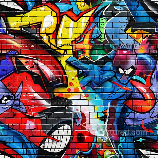 Seamless 3D PBR Texture Featuring Bright Comic-Style Graffiti on Brick Wall texture preview