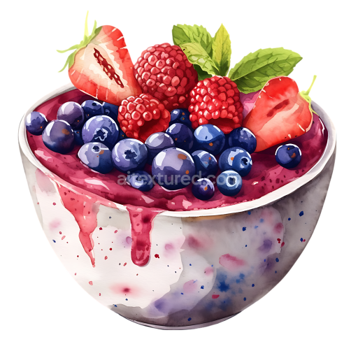 Acai Berry Bowl Breakfast Graphic Featuring Fresh Strawberries, Raspberries, and Blueberries