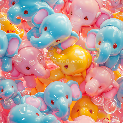 Seamless 3D Inflated PBR Texture Featuring Glossy Inflated Toy Elephants in Pastel Blue, Pink, and Yellow