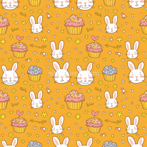 Seamless 3D PBR Texture with Playful Easter Bunny Heads and Cupcakes on Orange Background