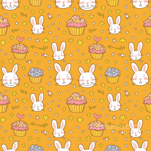 with Playful Easter Bunny Heads and Cupcakes on Orange Background seamless All Easter Digital paper PBR texture