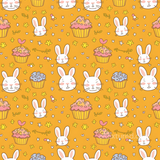 with Playful Easter Bunny Heads and Cupcakes on Orange Background All Easter Digital paper texture preview