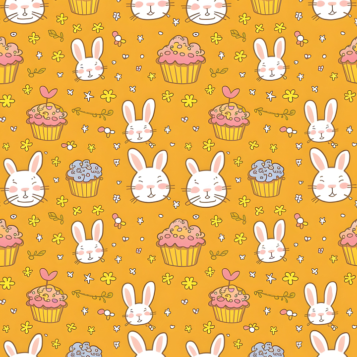 with Playful Easter Bunny Heads and Cupcakes on Orange Background seamless PBR texture preview