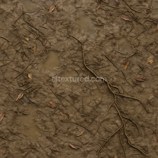Seamless 3d texture pbr 8k of wet mud with water puddles and organic debris