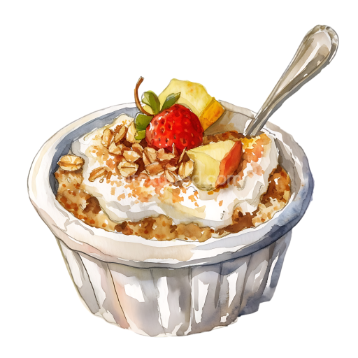 Watercolor Baked Oatmeal Breakfast Bowl with Strawberries and Apple