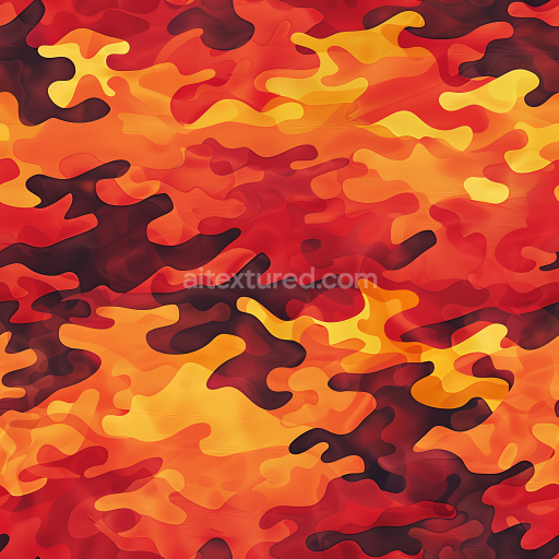 Seamless 3D Fiery Camouflage PBR Texture with Organic Flame-Shaped Patches in Warm Reds and Yellows