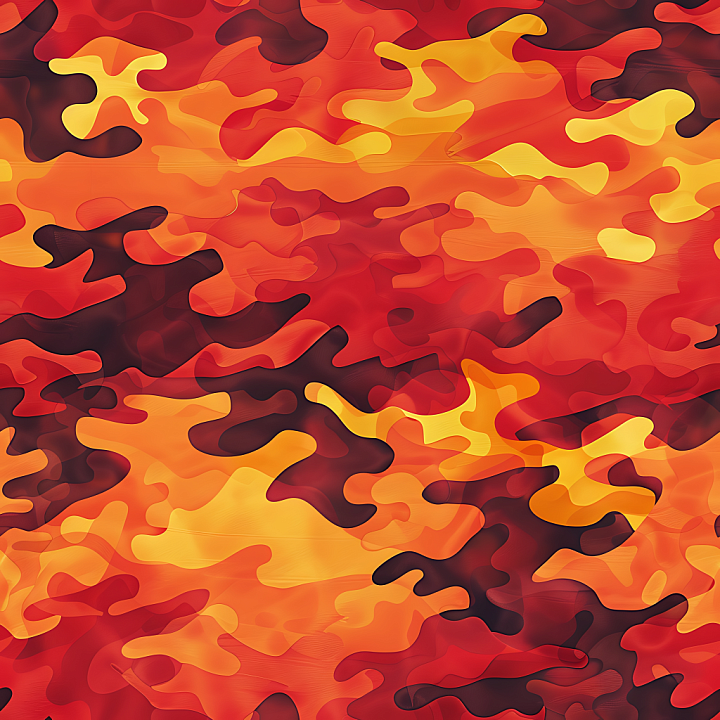 Fiery Camouflage with Organic Flame-Shaped Patches in Warm Reds and Yel… seamless PBR texture preview