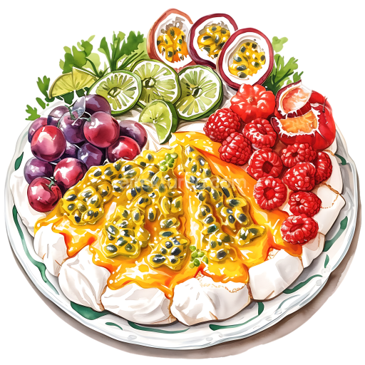 Breakfast Pavlova Grazing Platter with Passionfruit, Berries, and Kiwi Illustration