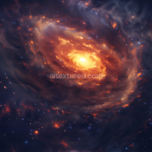 Seamless 3D Space PBR Texture of a Glowing Spiral Galaxy Nebula with Fiery Orange and Deep Blue Tones
