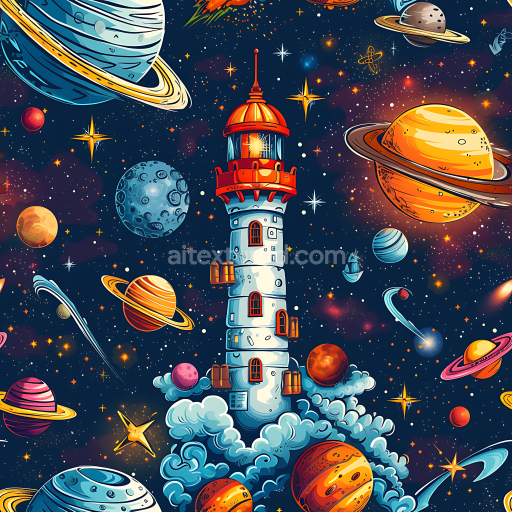 Seamless 3D Space PBR Texture Featuring Stylized Cartoon Planets and Lighthouse