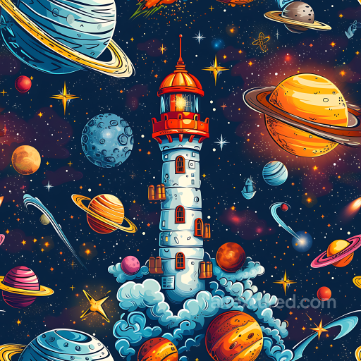 Space PBR Texture Featuring Stylized Cartoon Planets and Lighthouse seamless Star, space, planets PBR texture