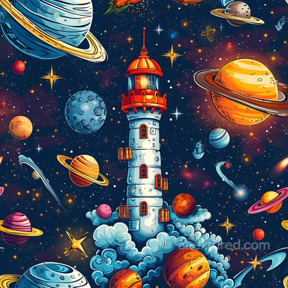 Space PBR Texture Featuring Stylized Cartoon Planets and Lighthouse Star, space, planets texture preview