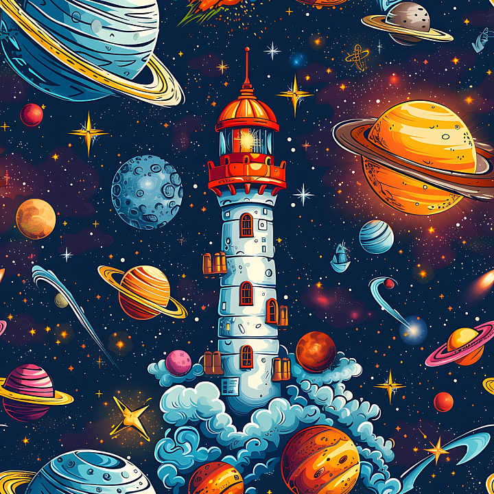 Space Featuring Stylized Cartoon Planets and Lighthouse seamless PBR texture preview