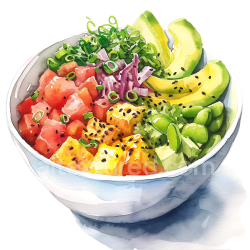 seamless Watercolor Hawaiian Poke Bowl Breakfast with Avocado and Pineapple texture 8k free download PBR