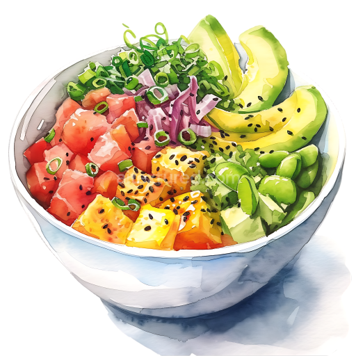 Watercolor Hawaiian Poke Bowl Breakfast with Avocado and Pineapple