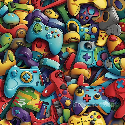 Seamless 3D PBR Texture Featuring Colorful Cartoon-Style Gaming Controllers in Graffiti A… texture preview