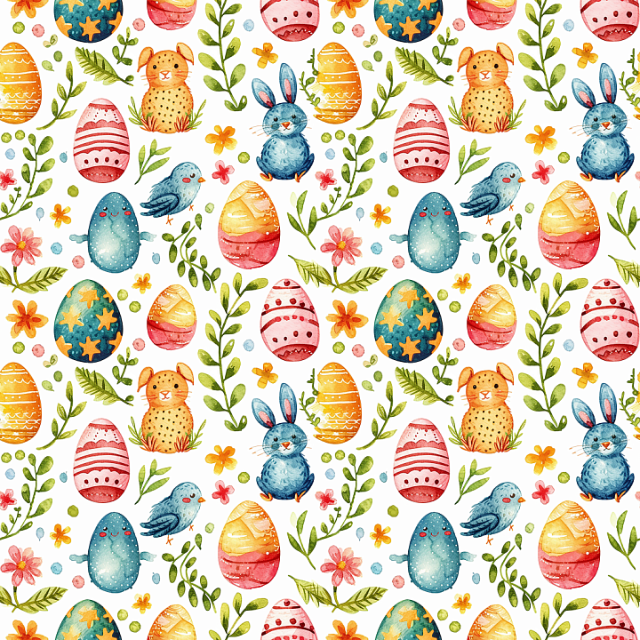 Easter Digital Paper Featuring Hand-Painted Watercolor Eggs and Bunnies seamless PBR texture preview