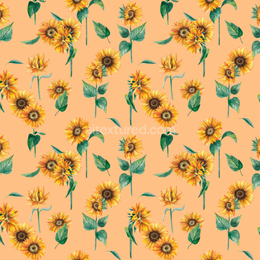 Seamless 3D PBR Wild Flower Texture with Bright Sunflower and Leaf Pattern on Peach Background