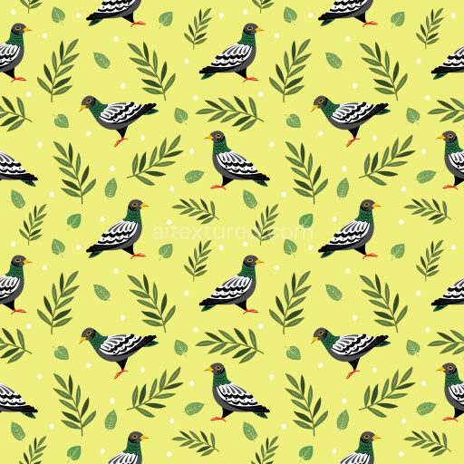 Pattern Bundle - Seamless 3D Pattern PBR Texture Featuring Stylized Pigeons and Green Leaf Motifs on Yellow texture preview