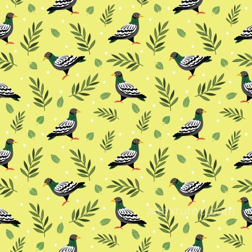 Pattern PBR Texture Featuring Stylized Pigeons and Green Leaf Motifs on Yellow seamless Pattern Bundle PBR texture