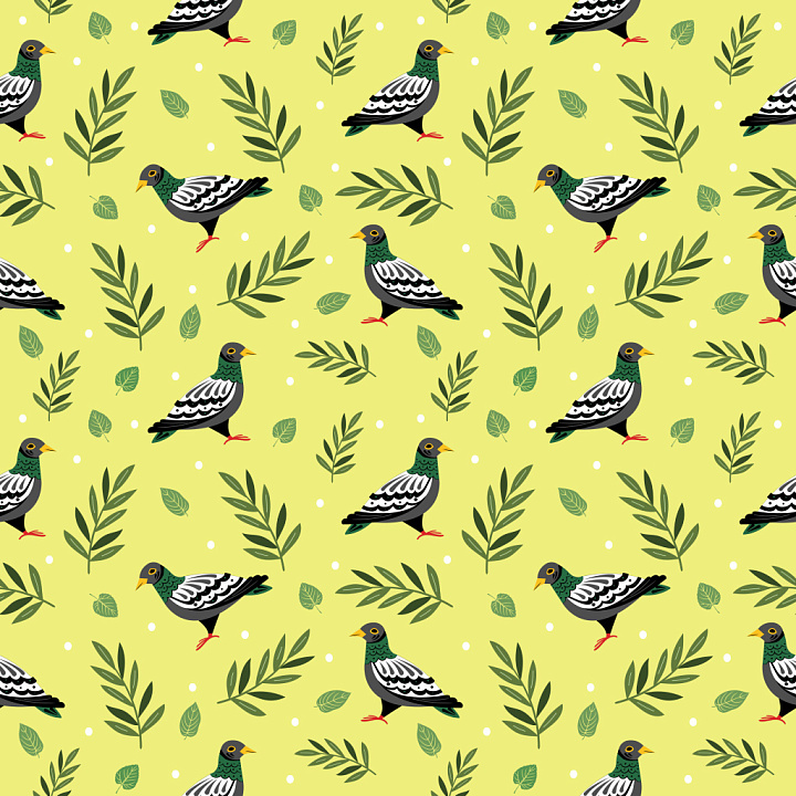 Pattern Featuring Stylized Pigeons and Green Leaf Motifs on Yellow seamless PBR texture preview