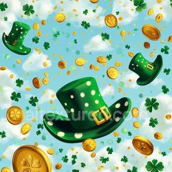 seamless Seamless 3D PBR Texture Featuring Green Polka Dot Hats, Gold Coins & Shamrocks on Blue Sky texture 8k free download PBR