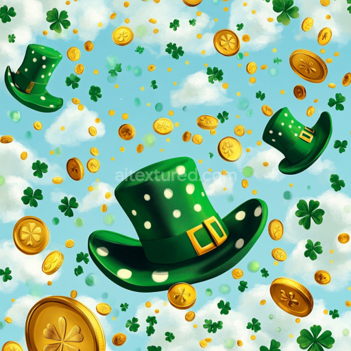 Seamless 3D PBR Texture Featuring Green Polka Dot Hats, Gold Coins & Shamrocks on Blue Sky