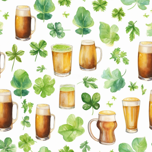 Seamless 3D PBR Texture with St Patrick's Day Beer Glasses and Shamrock Leaves