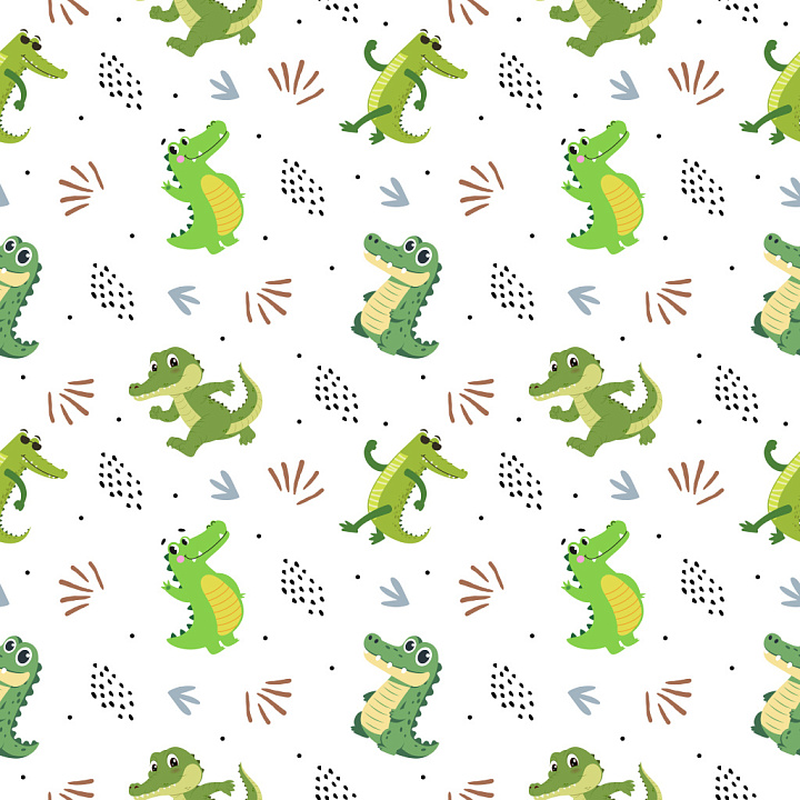 Pattern with Playful Cartoon Crocodiles and Abstract Motifs seamless PBR texture preview