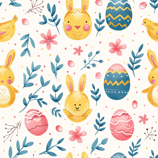 Seamless 3D PBR Texture with Hand-Painted Easter Bunnies, Eggs, and Floral Motifs