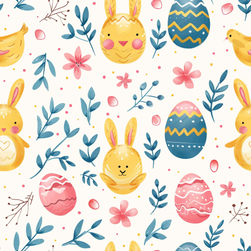 with Hand-Painted Easter Bunnies, Eggs, and Floral Motifs seamless All Easter Digital paper PBR texture