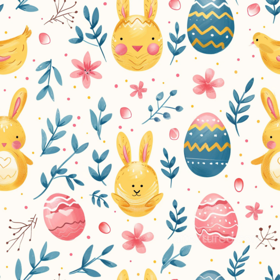 with Hand-Painted Easter Bunnies, Eggs, and Floral Motifs All Easter Digital paper texture preview